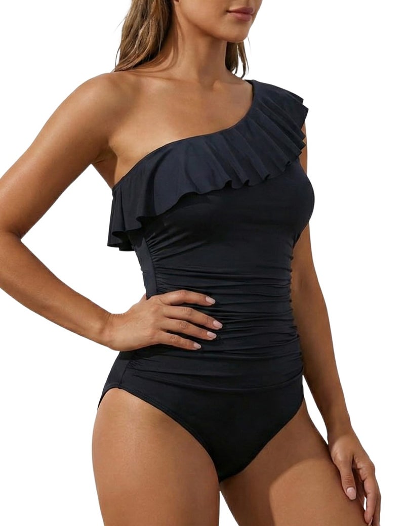 Hilor Women's Black Tummy Control One Piece Swimsuits Ruffled One Shoulder Swimwear Asymmetric Bathing Suits 6 - Image 3